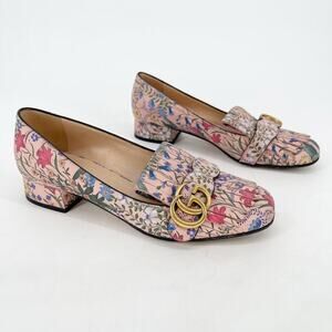 Gucci Pink Rose Floral Marmont GG Fringe Low Block Heel Loafer Pump EU 37.5